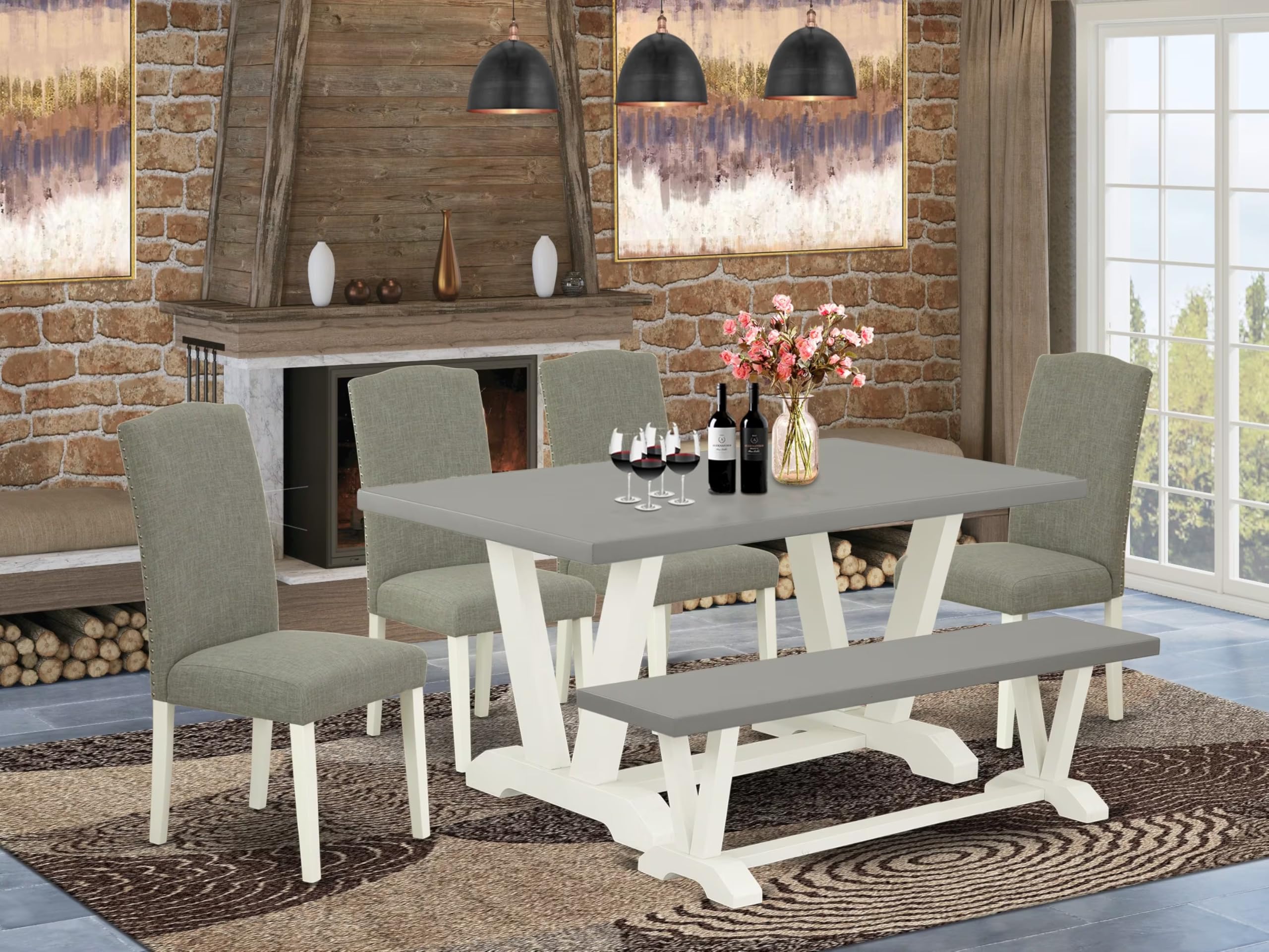 East West Furniture V096En206-6 6 Piece Dining Set Contains A Rectangle Dining Room Table With V-Legs And 4 Dark Shitake Linen Fabric Parson Chairs With A Bench, 36X60 Inch, Multi-Color